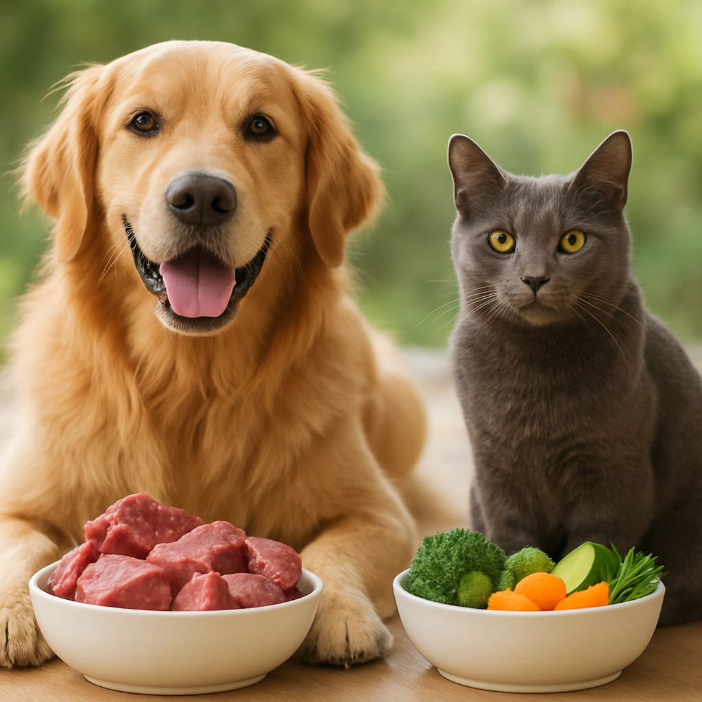 A happy dog and cat beside bowls of fresh raw food